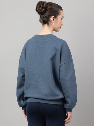 MKH Teal Blue Women Street Style Cotton Fleece Sweatshirt