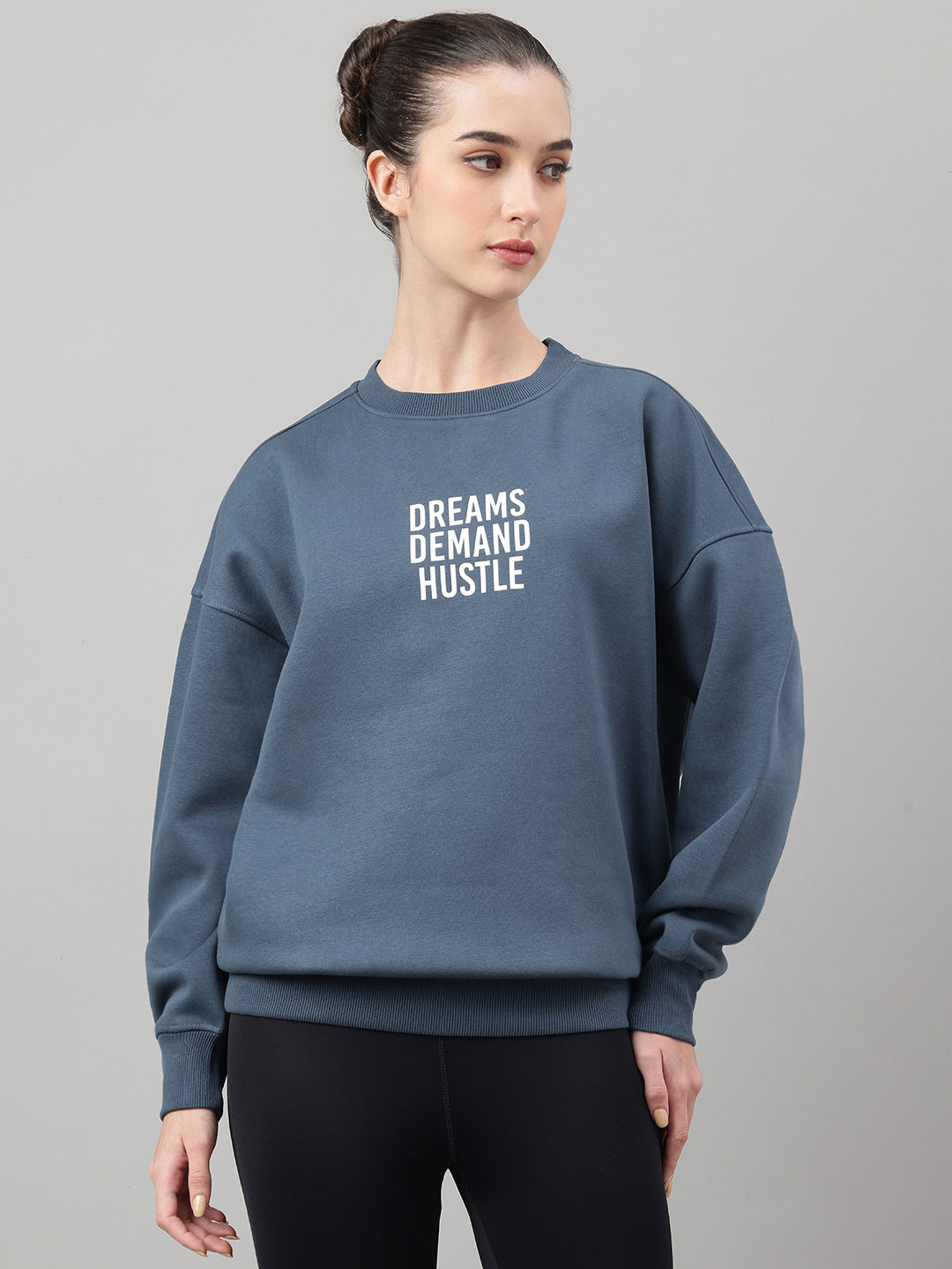 MKH Teal Blue Women Relaxed Drop Shoulder Fleece Sweatshirt