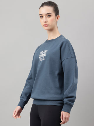 MKH Teal Blue Women Relaxed Drop Shoulder Fleece Sweatshirt