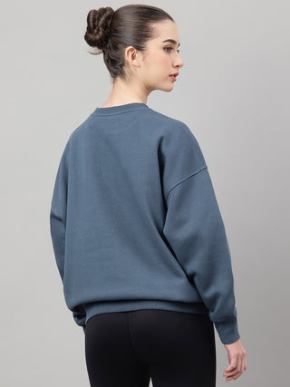 MKH Teal Blue Women Relaxed Drop Shoulder Fleece Sweatshirt