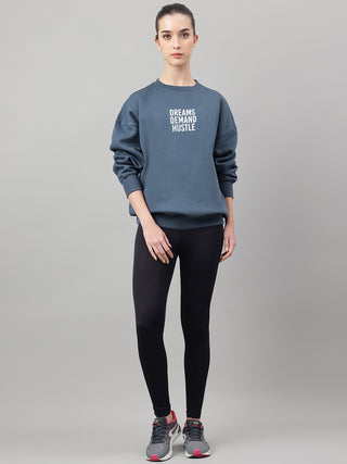 MKH Teal Blue Women Relaxed Drop Shoulder Fleece Sweatshirt