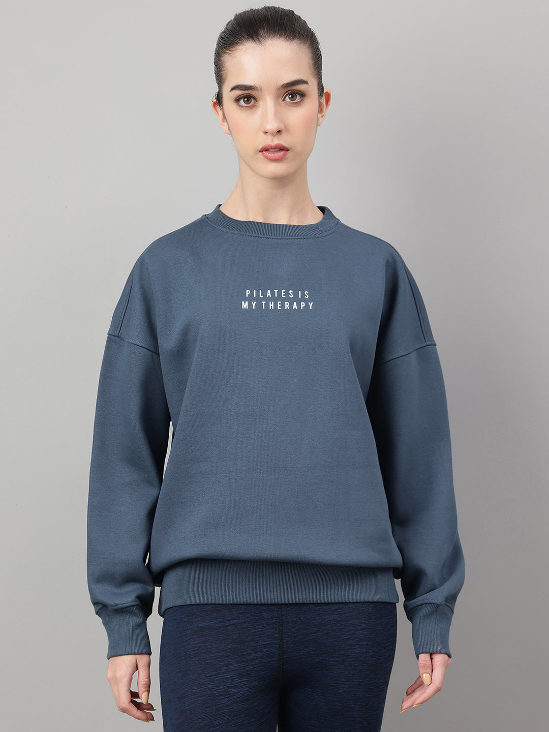 MKH Teal Blue Women Effortless Streetwear Cotton Fleece Sweatshirt