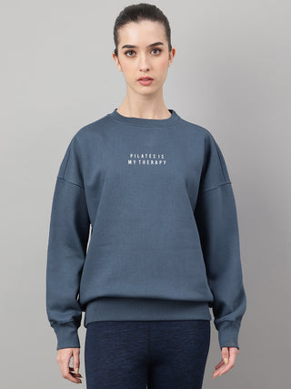 MKH Teal Blue Women Effortless Streetwear Cotton Fleece Sweatshirt
