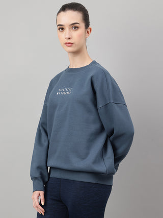MKH Teal Blue Women Effortless Streetwear Cotton Fleece Sweatshirt