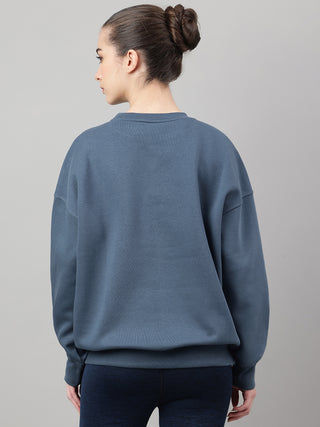 MKH Teal Blue Women Effortless Streetwear Cotton Fleece Sweatshirt