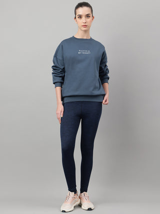 MKH Teal Blue Women Effortless Streetwear Cotton Fleece Sweatshirt