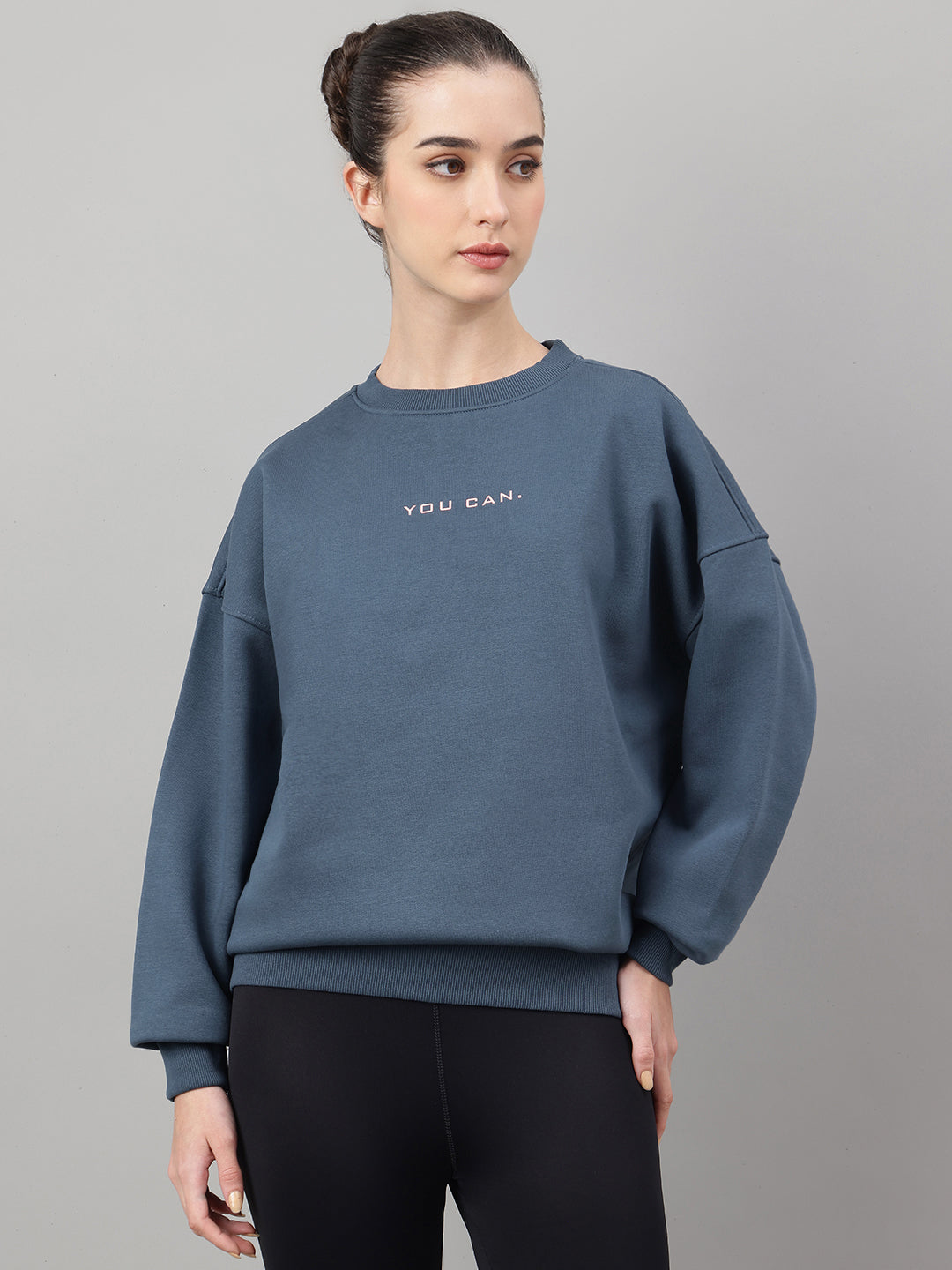 MKH Teal Blue Women Urban Casual Cotton Fleece Sweatshirt