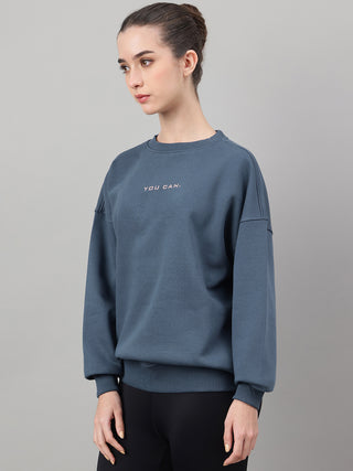 MKH Teal Blue Women Urban Casual Cotton Fleece Sweatshirt