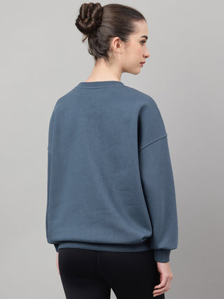 MKH Teal Blue Women Urban Casual Cotton Fleece Sweatshirt