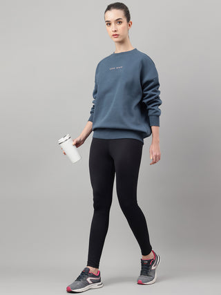 MKH Teal Blue Women Urban Casual Cotton Fleece Sweatshirt