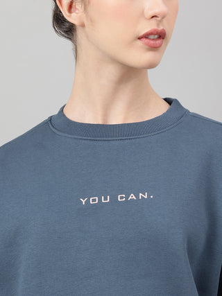 MKH Teal Blue Women Urban Casual Cotton Fleece Sweatshirt