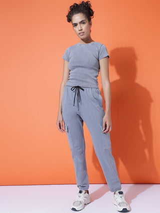 MKH Women Ribbed And Cargo Washed Grey Co-ord Set