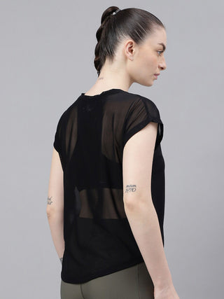MKH Black Mesh T-Shirt Women Relaxed Curved Hem Activewear