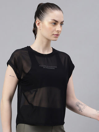 MKH Black Mesh T-Shirt Women Relaxed Curved Hem Activewear