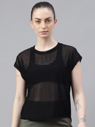MKH Black Mesh T-Shirt Women Relaxed Curved Hem Activewear